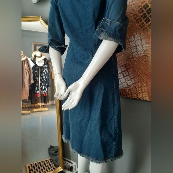 Vintage Stretch Cotton Dark Wash Denim Midi Dress - Picture 13 of 16